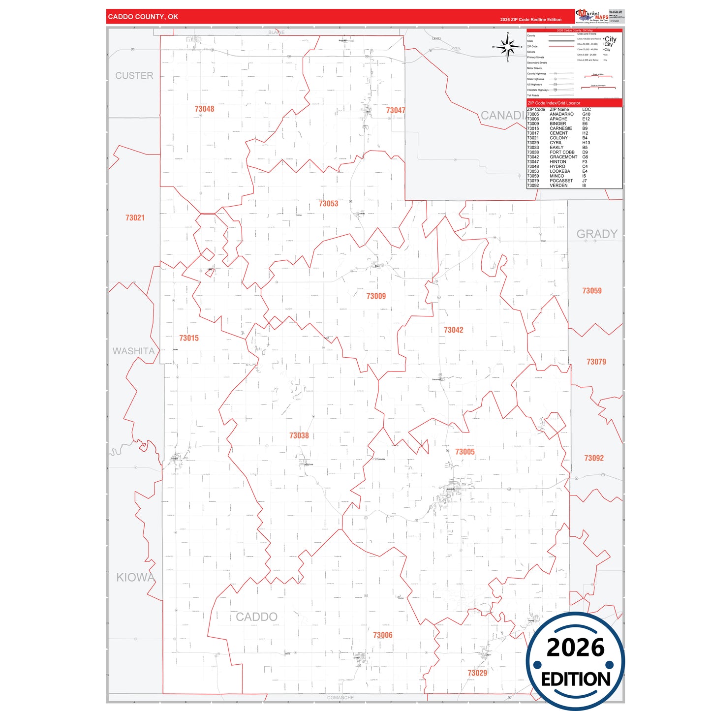 Caddo County, OK Red Line 5 Digit ZIP Code Wall Map