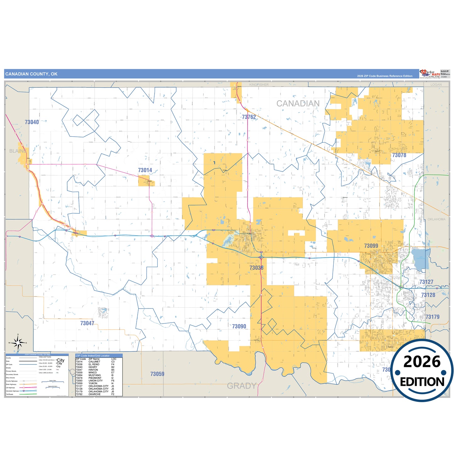 Canadian County, OK Business Reference 5 Digit ZIP Code Wall Map