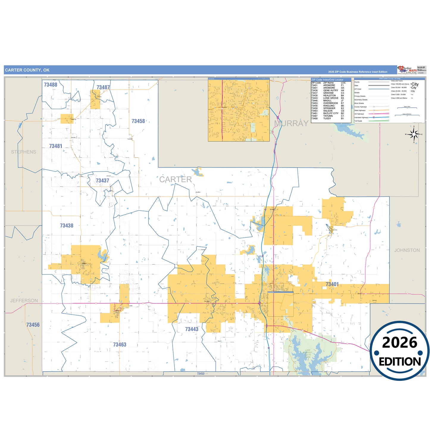 Carter County, OK Business Reference 5 Digit ZIP Code Wall Map