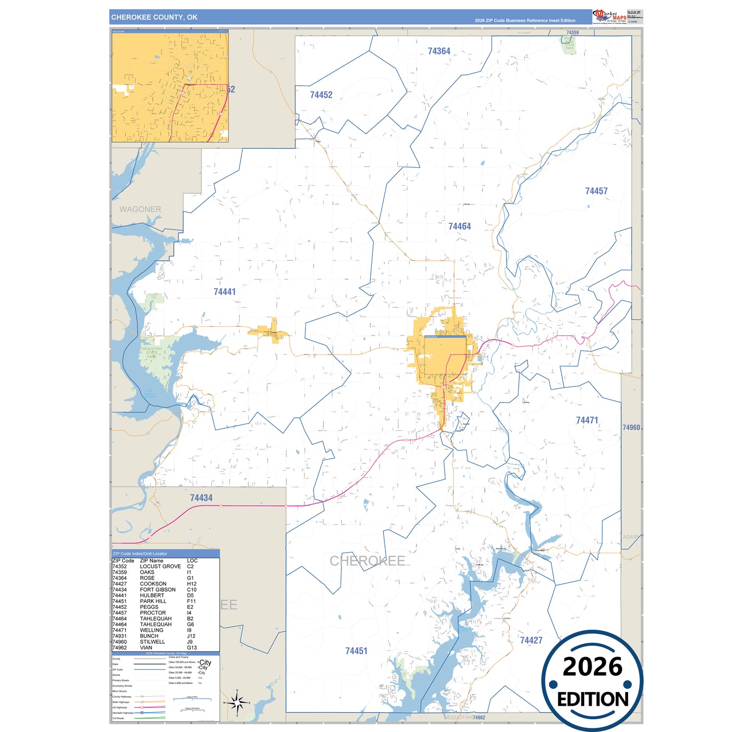 Cherokee County, OK Business Reference 5 Digit ZIP Code Wall Map