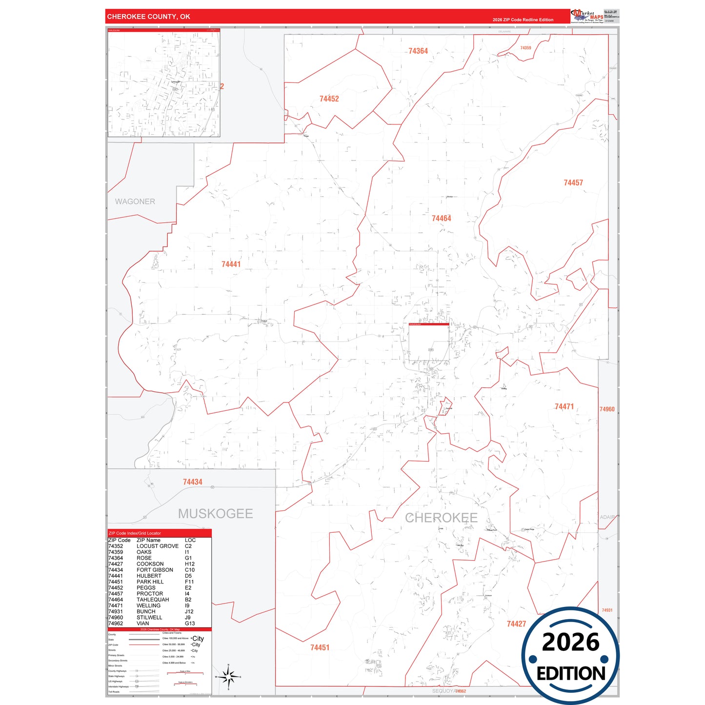 Cherokee County, OK Red Line 5 Digit ZIP Code Wall Map