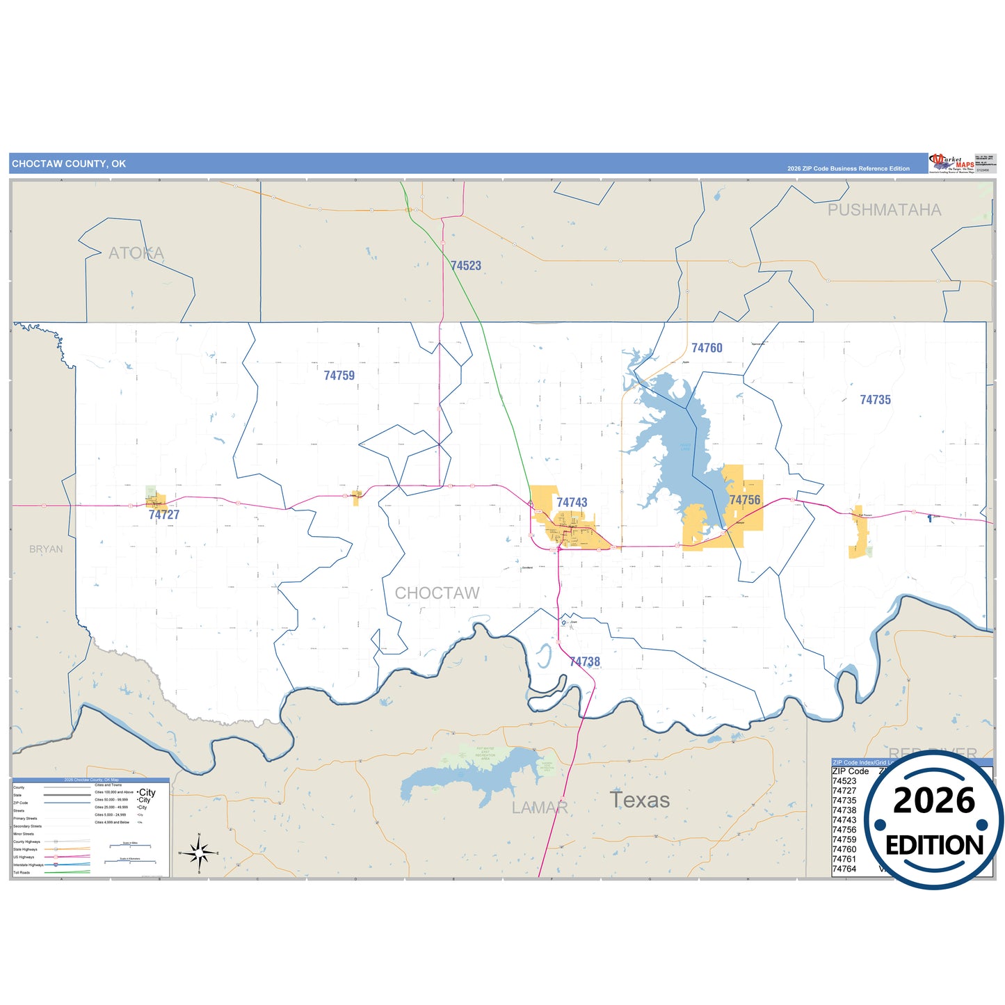 Choctaw County, OK Business Reference 5 Digit ZIP Code Wall Map