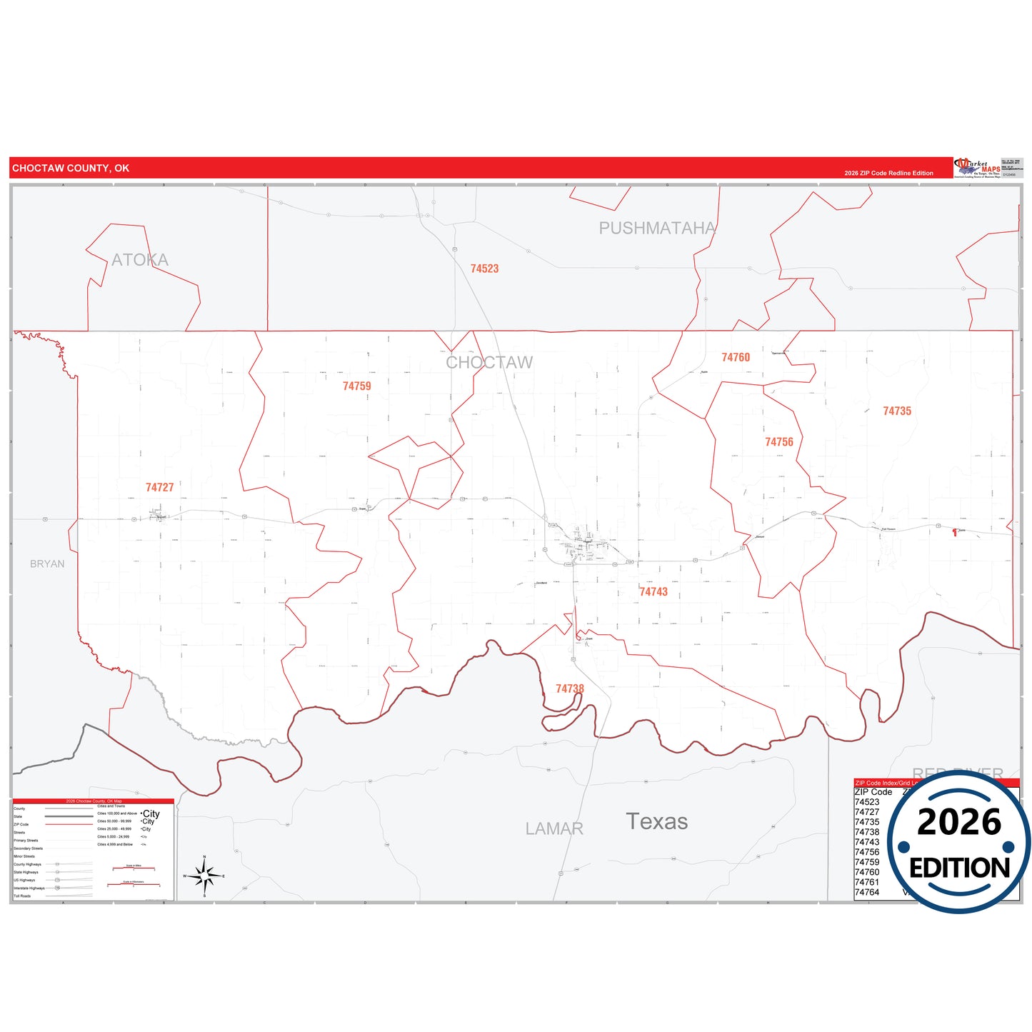 Choctaw County, OK Red Line 5 Digit ZIP Code Wall Map