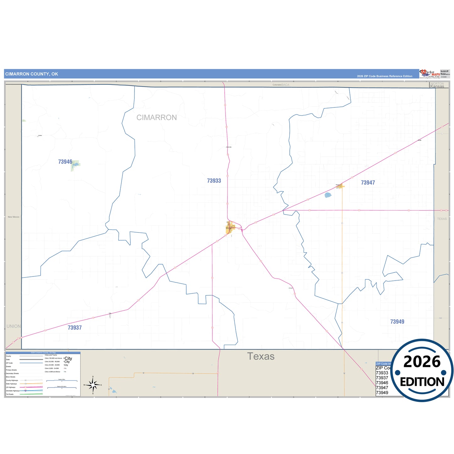Cimarron County, OK Business Reference 5 Digit ZIP Code Wall Map