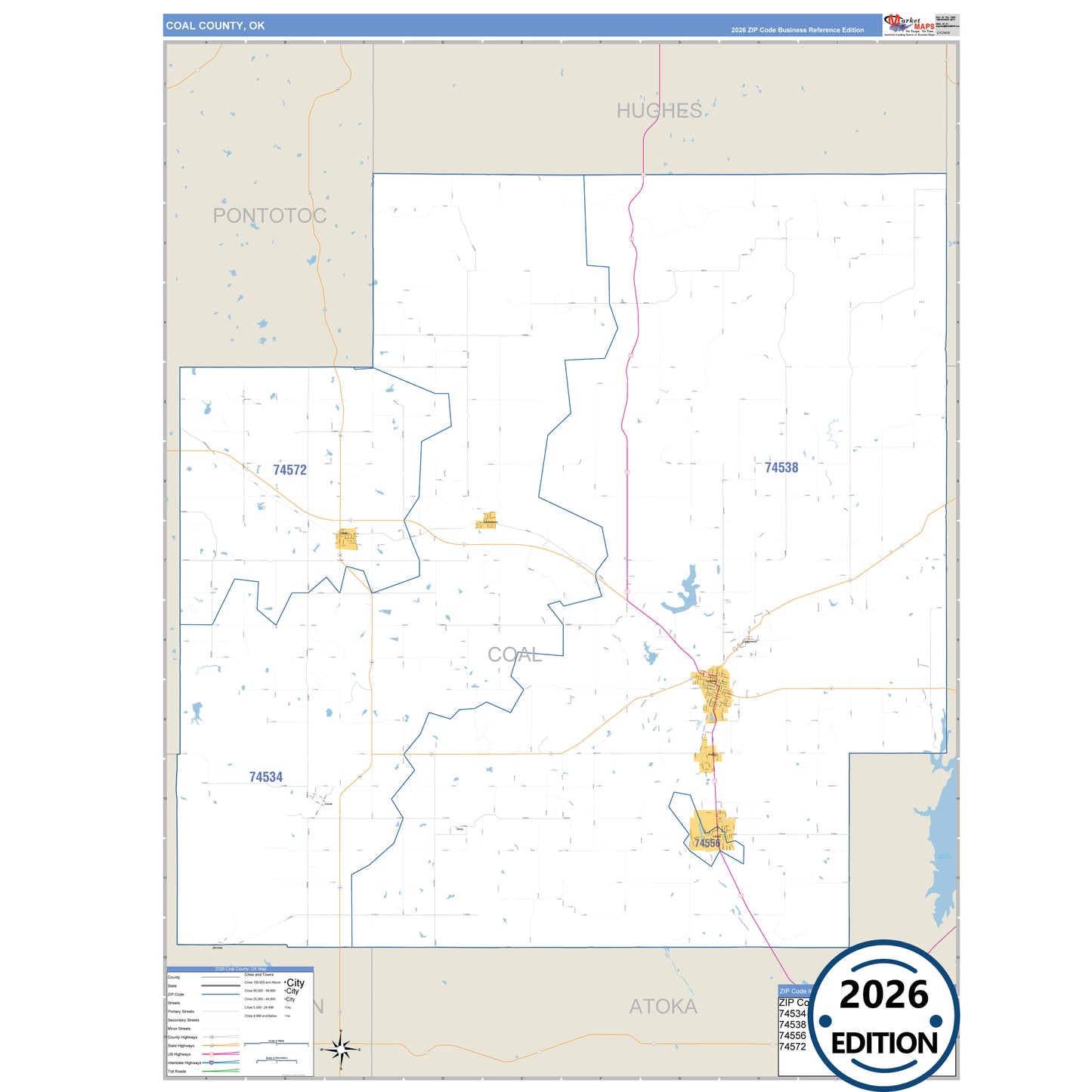Coal County, OK Business Reference 5 Digit ZIP Code Wall Map
