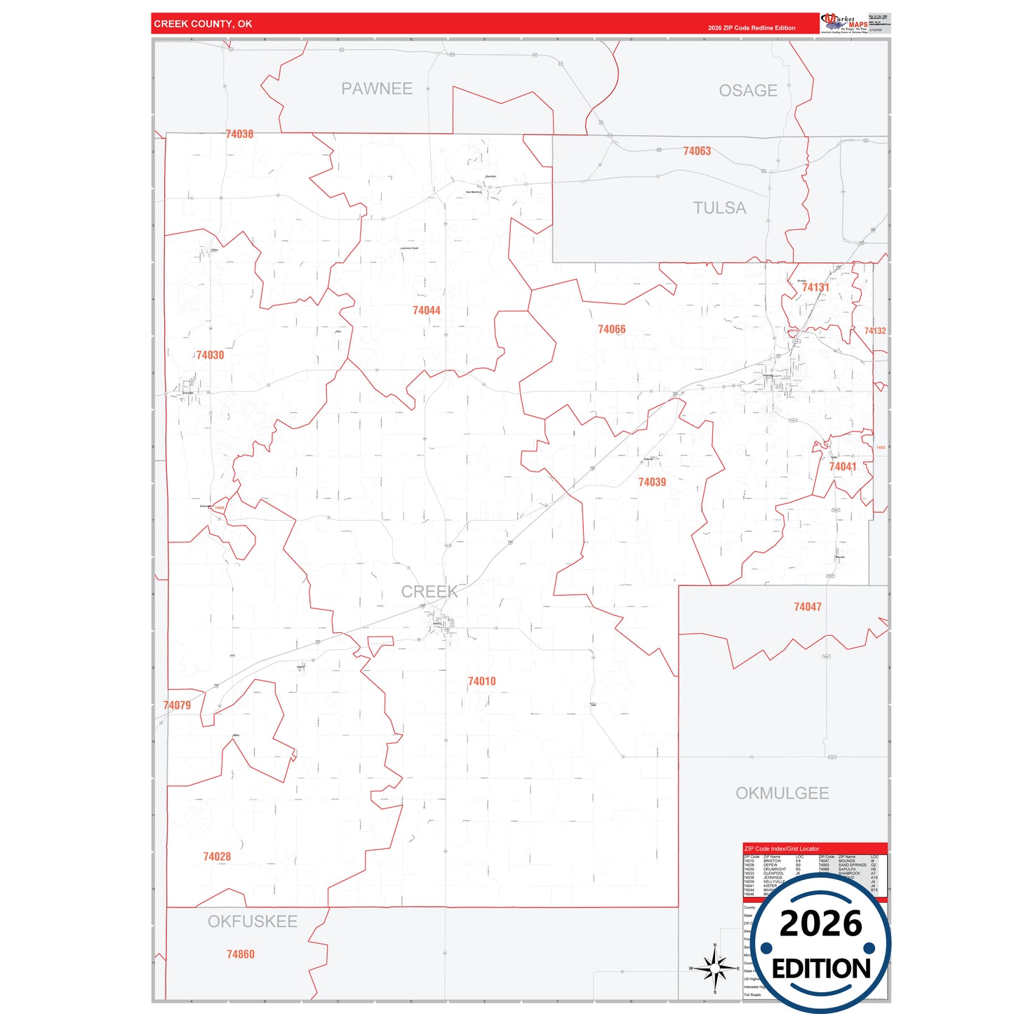 Creek County, OK Red Line 5 Digit ZIP Code Wall Map