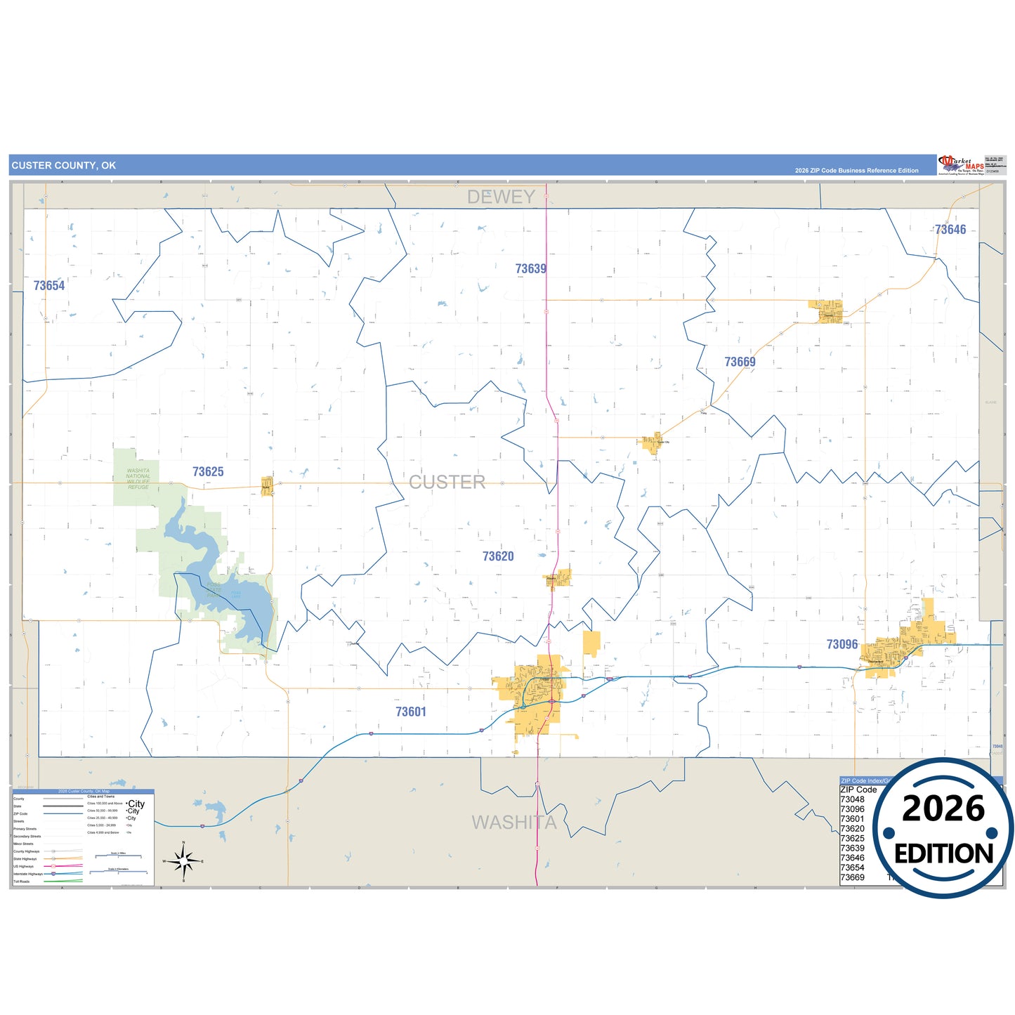 Custer County, OK Business Reference 5 Digit ZIP Code Wall Map