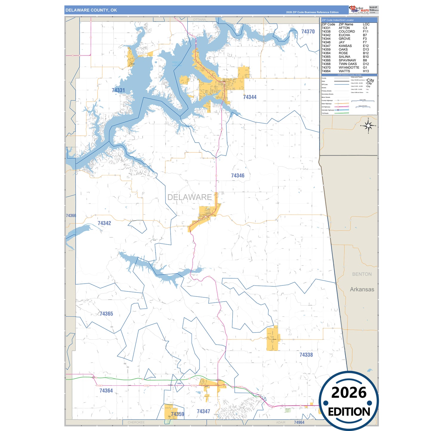 Delaware County, OK Business Reference 5 Digit ZIP Code Wall Map
