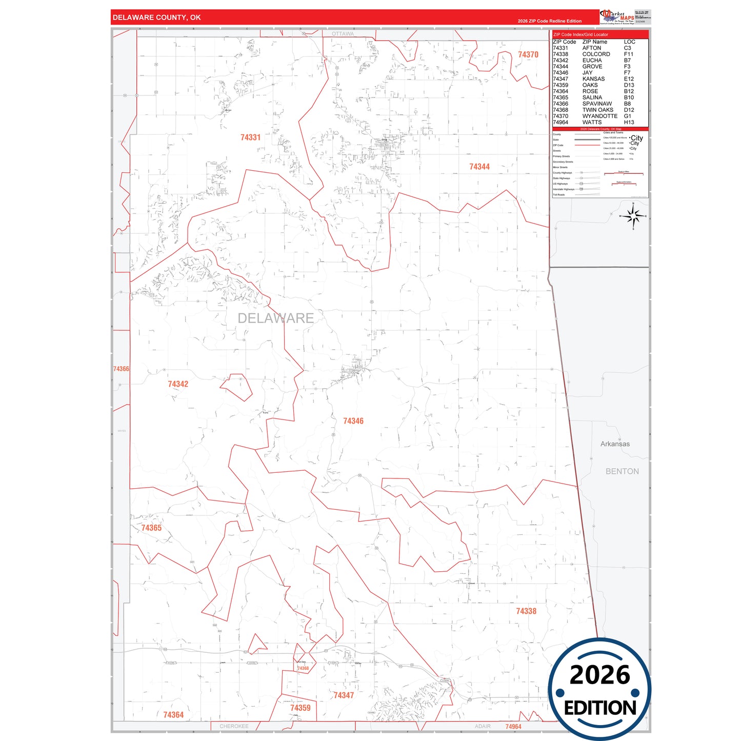 Delaware County, OK Red Line 5 Digit ZIP Code Wall Map
