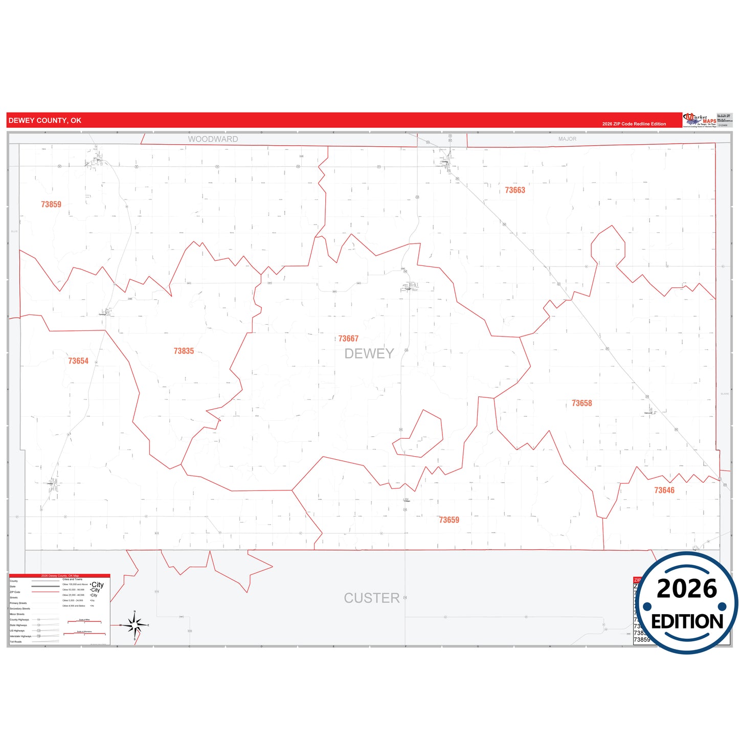 Dewey County, OK Red Line 5 Digit ZIP Code Wall Map