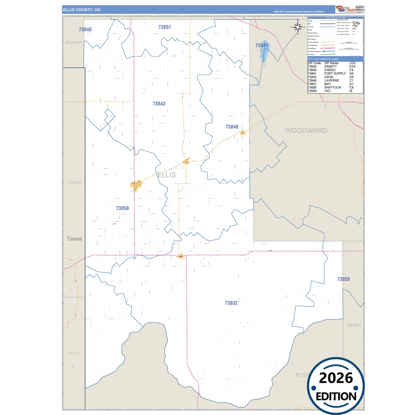 Ellis County, OK Business Reference 5 Digit ZIP Code Wall Map