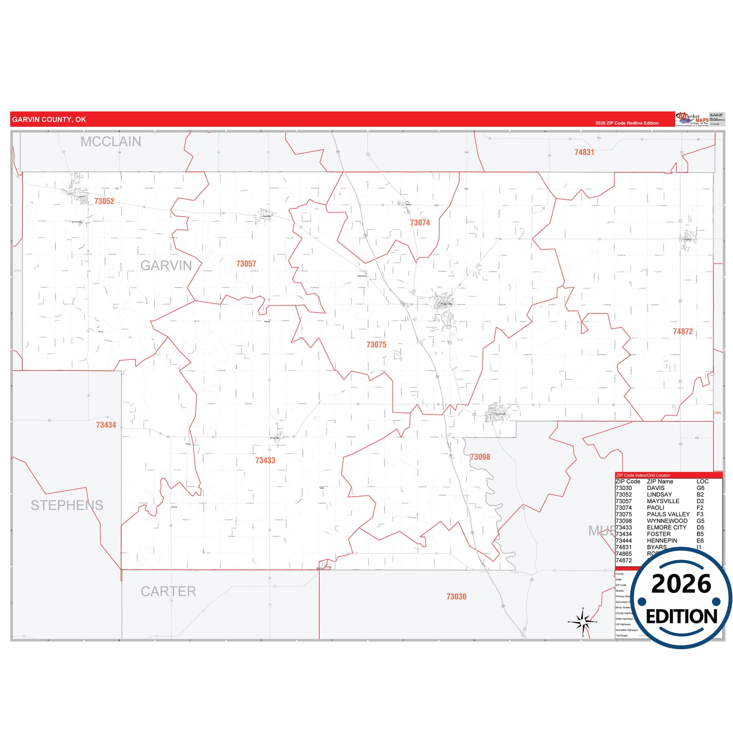 Garvin County, OK Red Line 5 Digit ZIP Code Wall Map