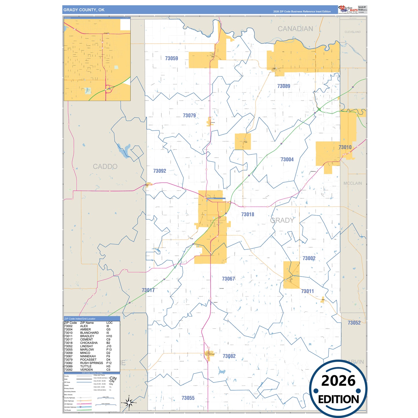 Grady County, OK Business Reference 5 Digit ZIP Code Wall Map