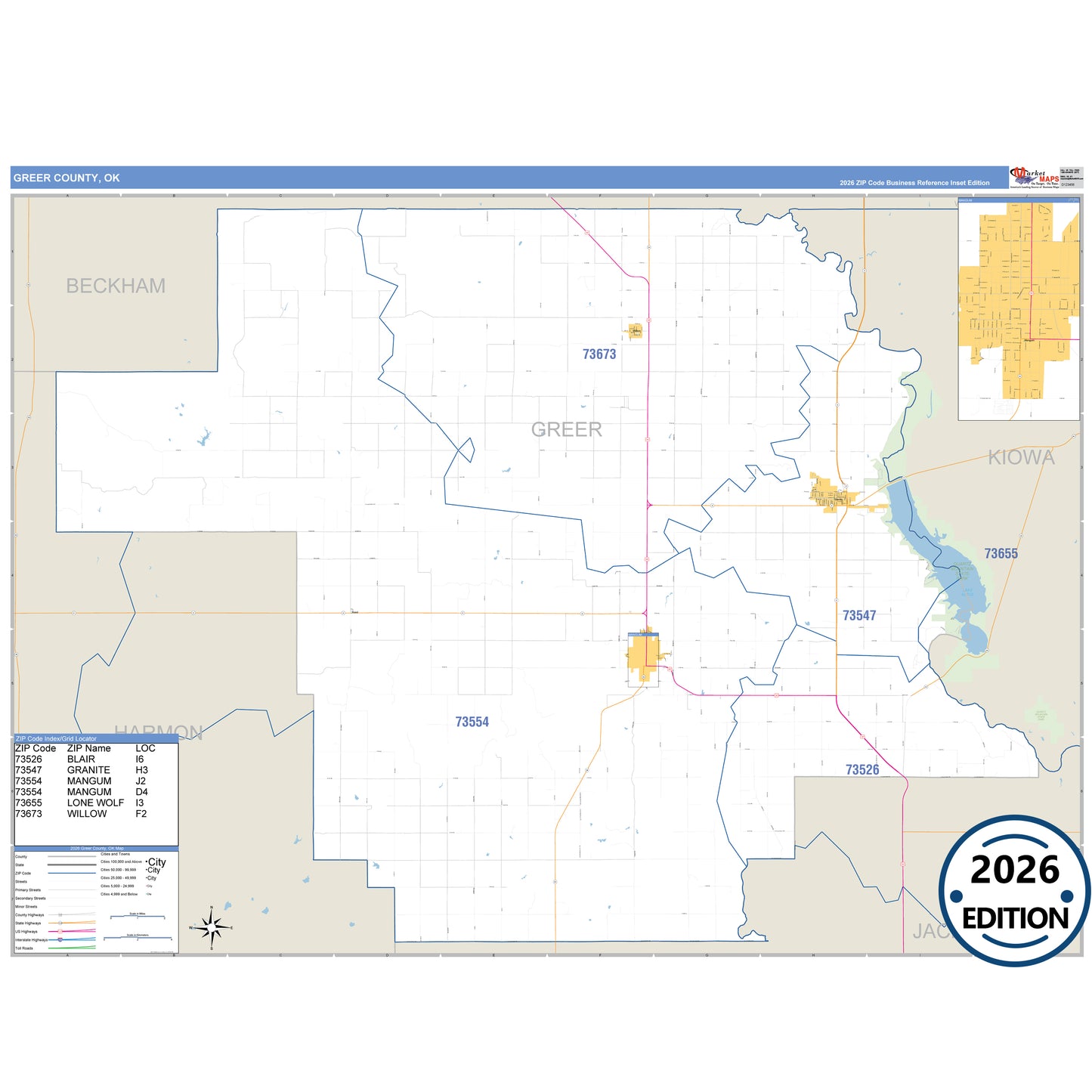 Greer County, OK Business Reference 5 Digit ZIP Code Wall Map