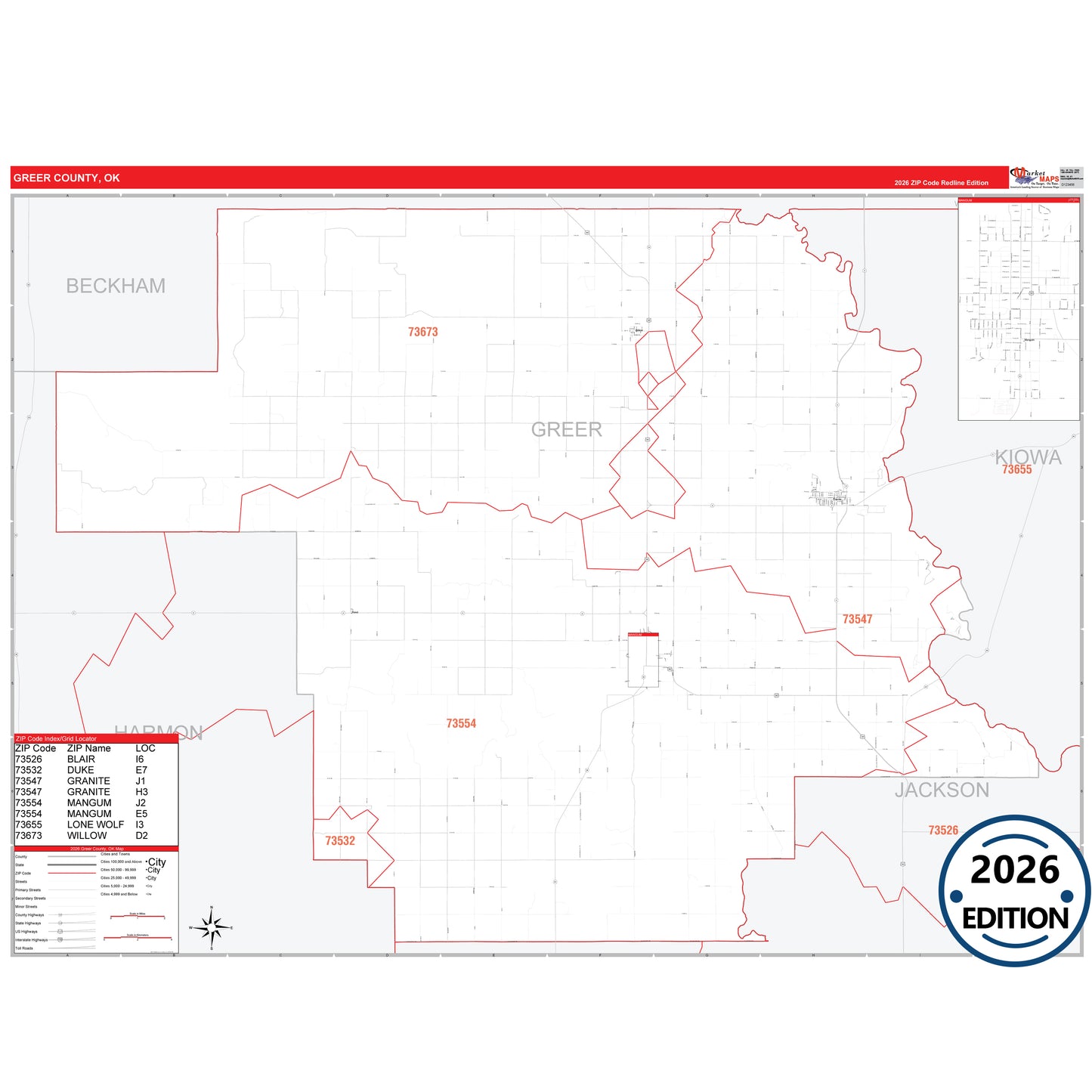 Greer County, OK Red Line 5 Digit ZIP Code Wall Map