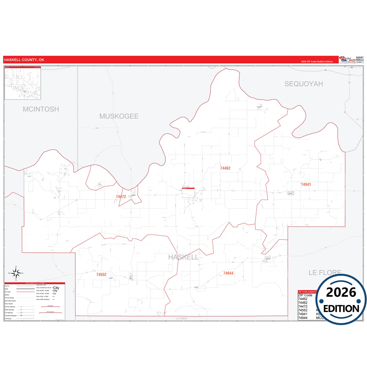 Haskell County, OK Red Line 5 Digit ZIP Code Wall Map