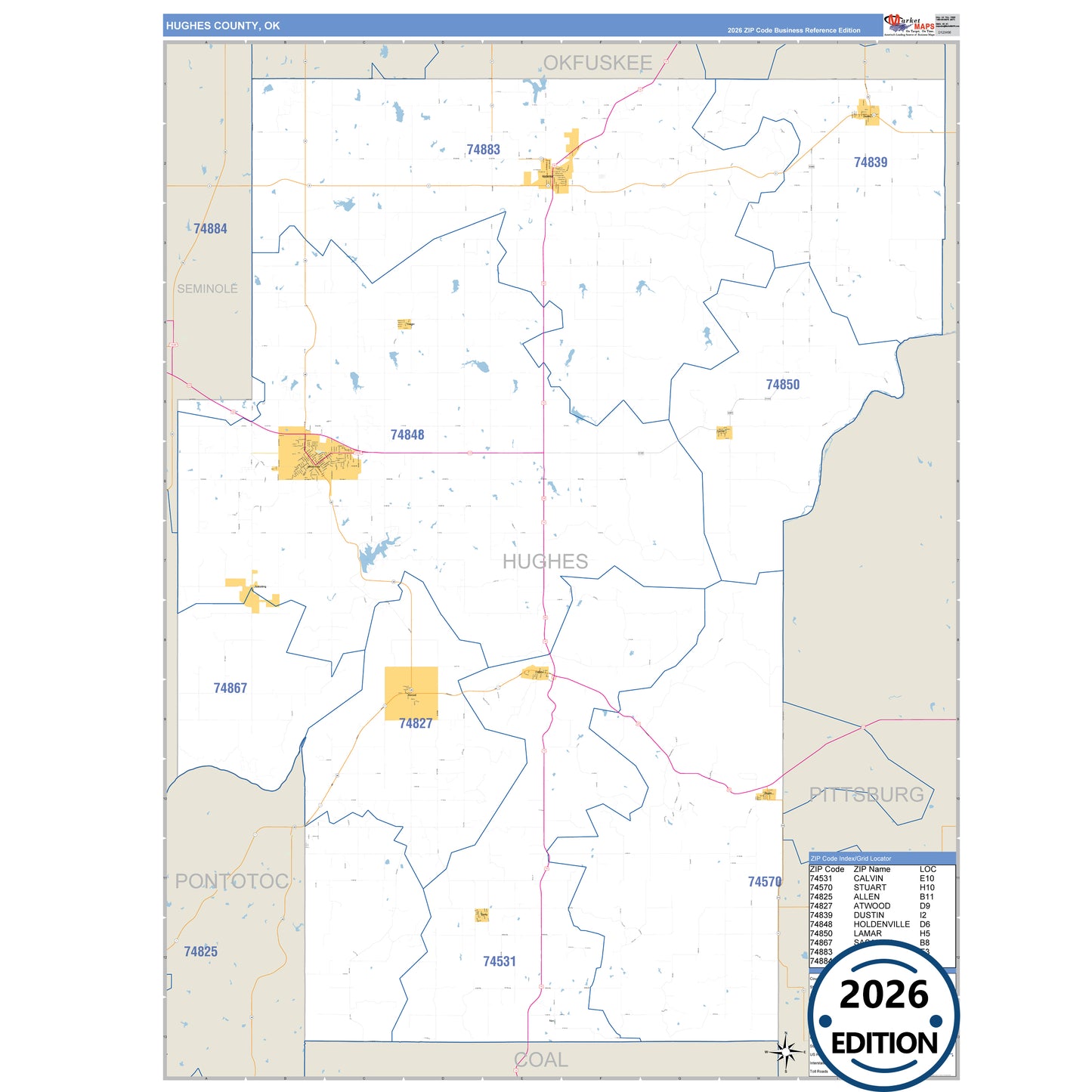 Hughes County, OK Business Reference 5 Digit ZIP Code Wall Map