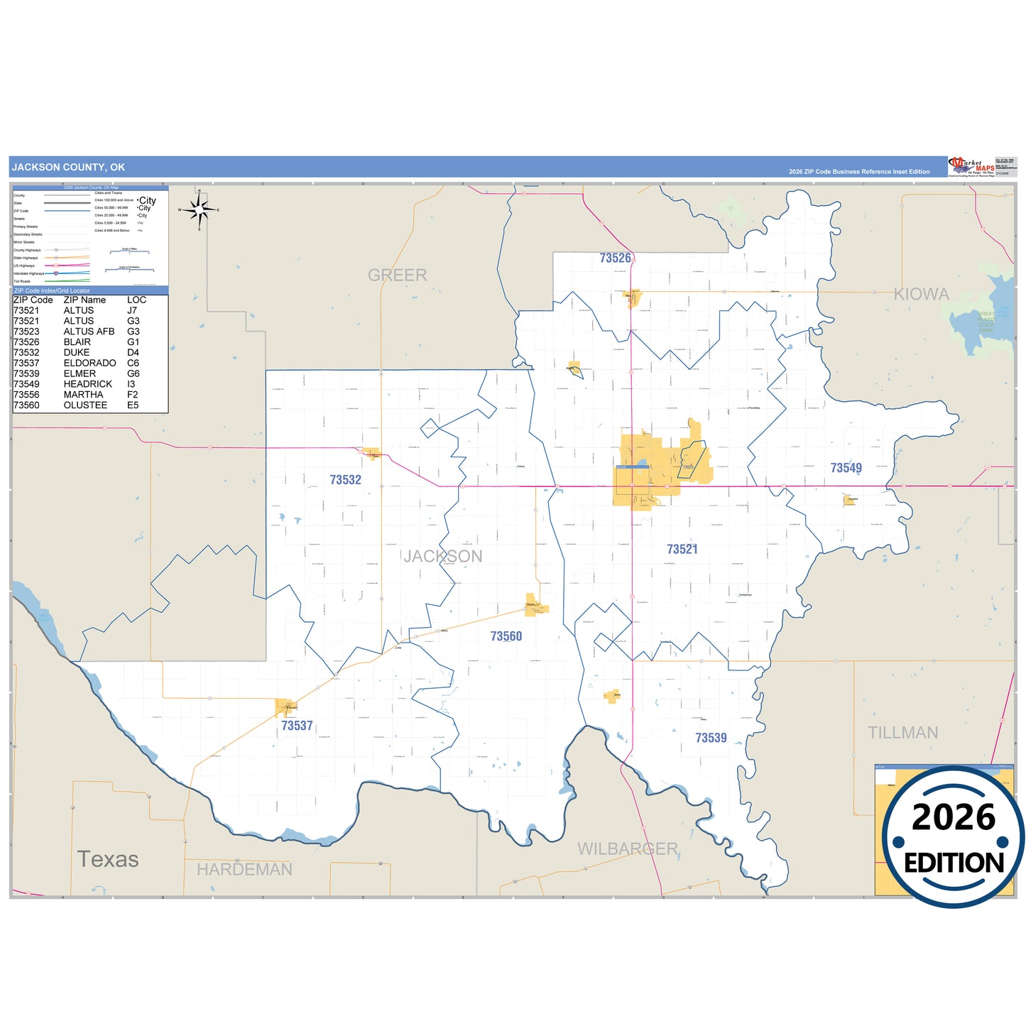 Jackson County, OK Business Reference 5 Digit ZIP Code Wall Map