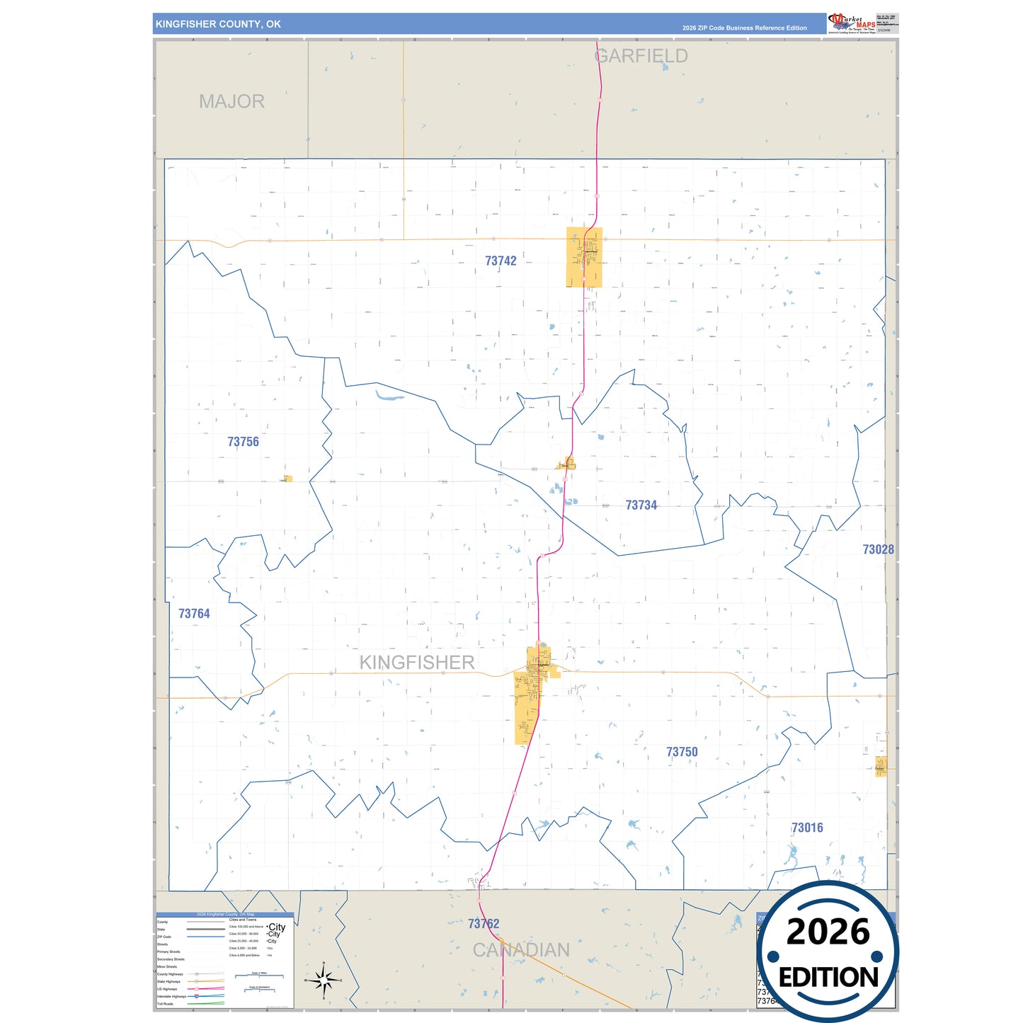 Kingfisher County, OK Business Reference 5 Digit ZIP Code Wall Map