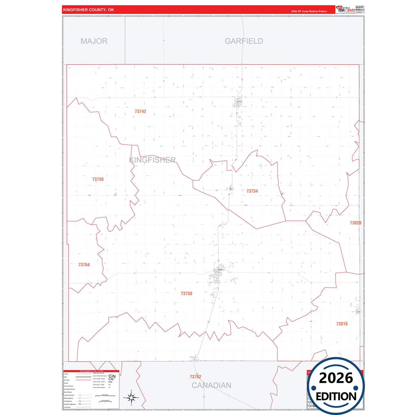 Kingfisher County, OK Red Line 5 Digit ZIP Code Wall Map