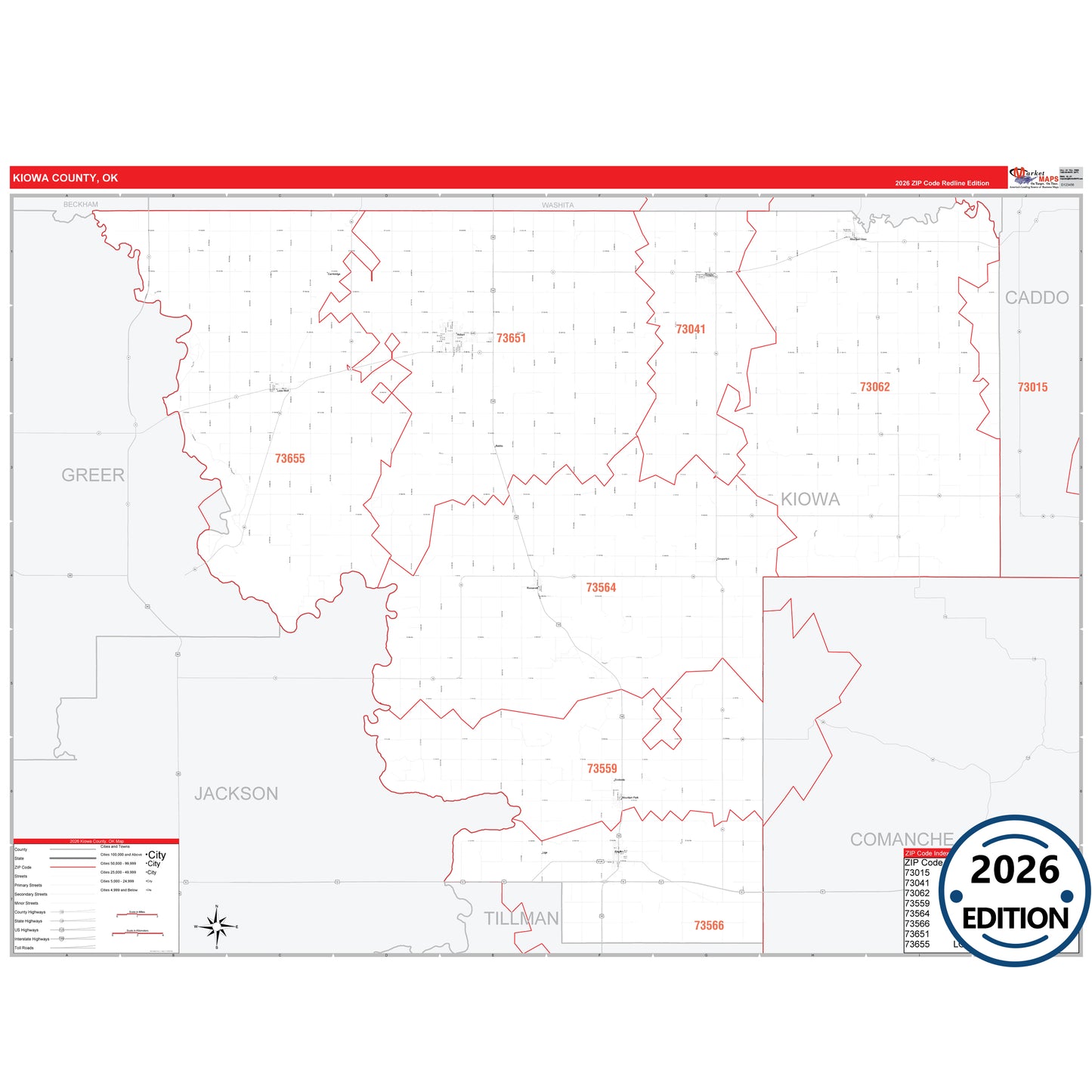 Kiowa County, OK Red Line 5 Digit ZIP Code Wall Map