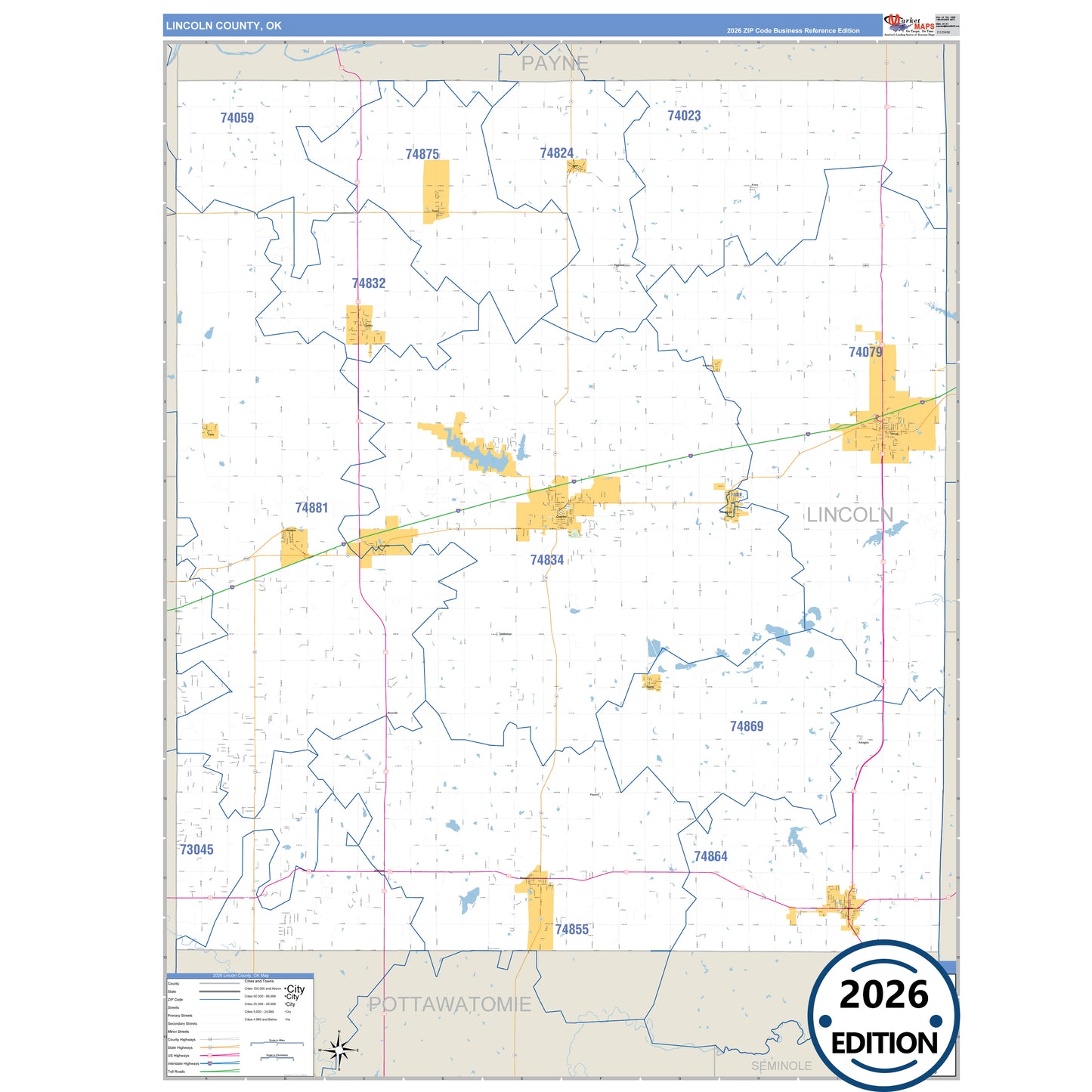Lincoln County, OK Business Reference 5 Digit ZIP Code Wall Map