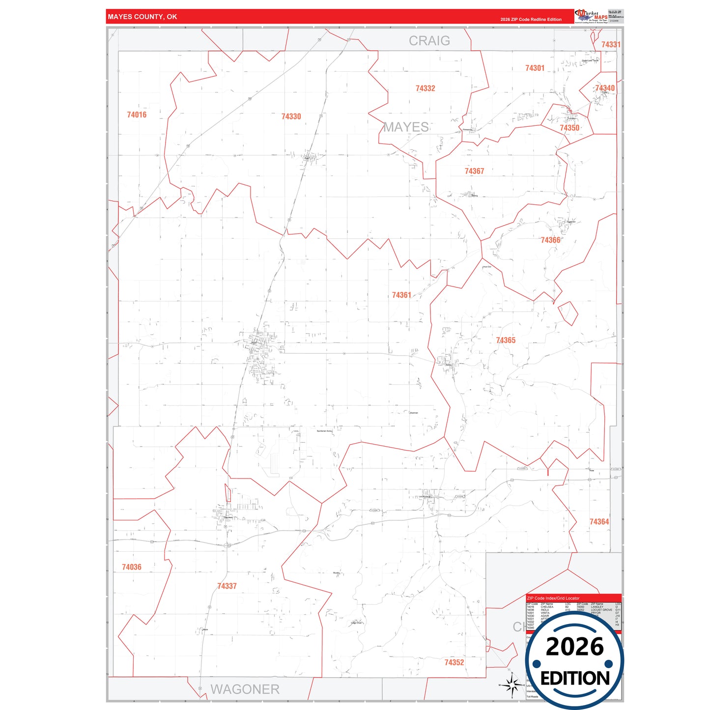 Mayes County, OK Red Line 5 Digit ZIP Code Wall Map