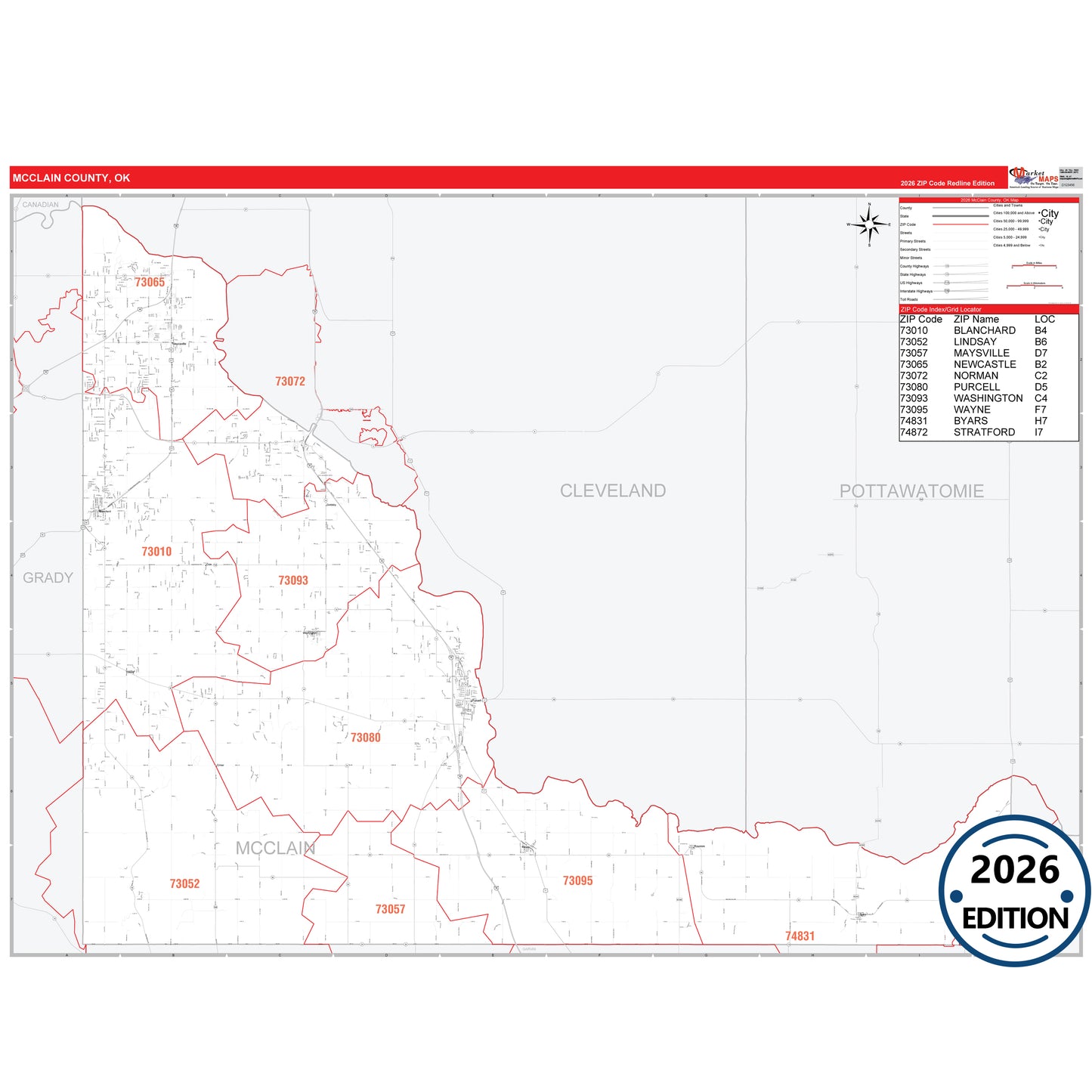 McClain County, OK Red Line 5 Digit ZIP Code Wall Map