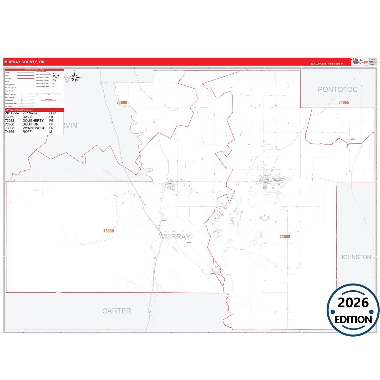 Murray County, OK Red Line 5 Digit ZIP Code Wall Map