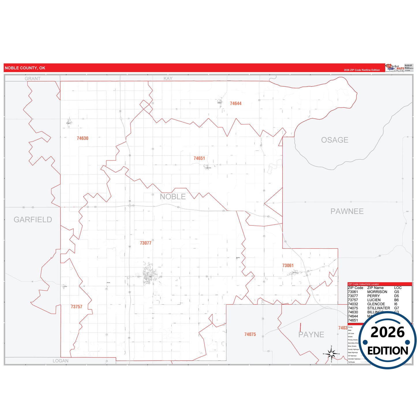Noble County, OK Red Line 5 Digit ZIP Code Wall Map