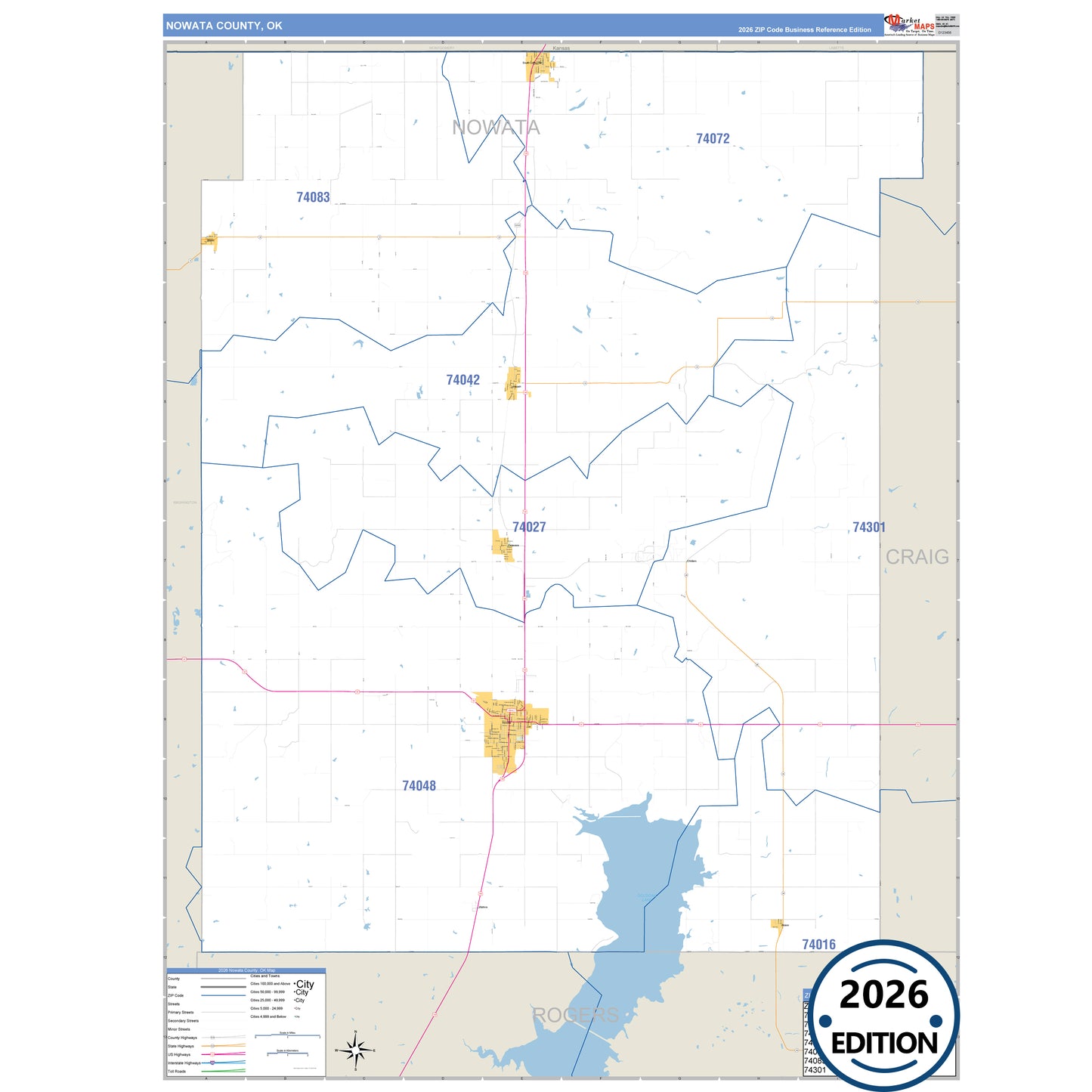 Nowata County, OK Business Reference 5 Digit ZIP Code Wall Map