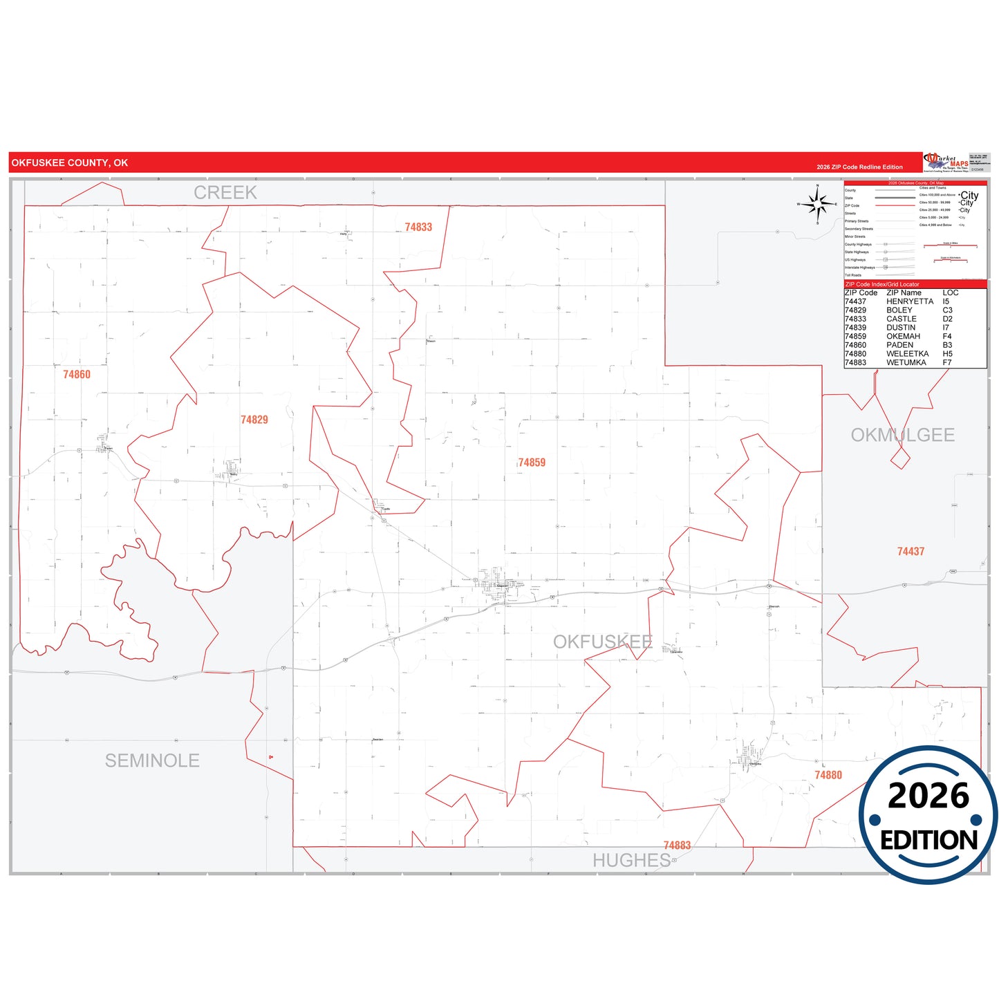 Okfuskee County, OK Red Line 5 Digit ZIP Code Wall Map
