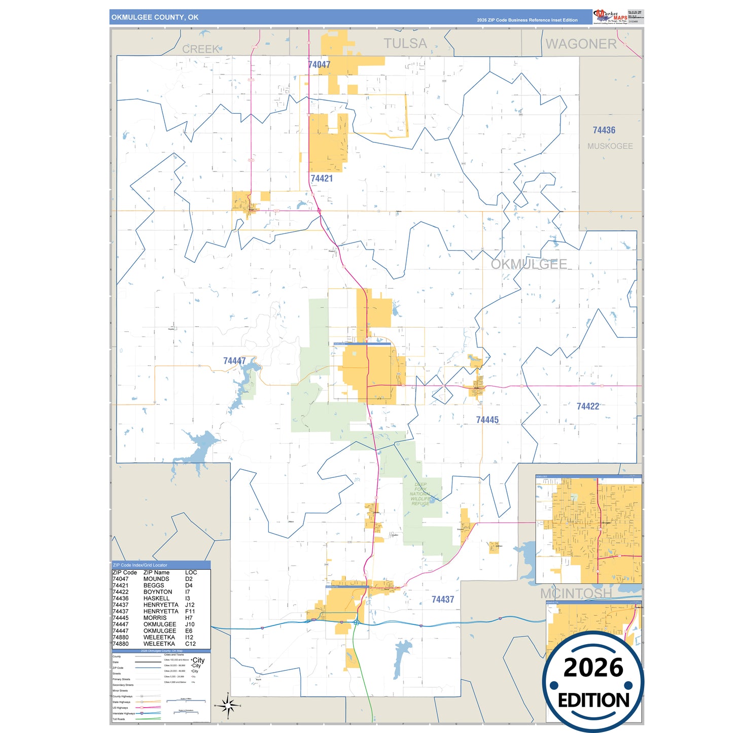 Okmulgee County, OK Business Reference 5 Digit ZIP Code Wall Map