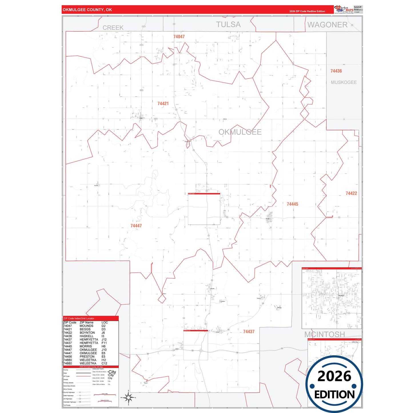 Okmulgee County, OK Red Line 5 Digit ZIP Code Wall Map