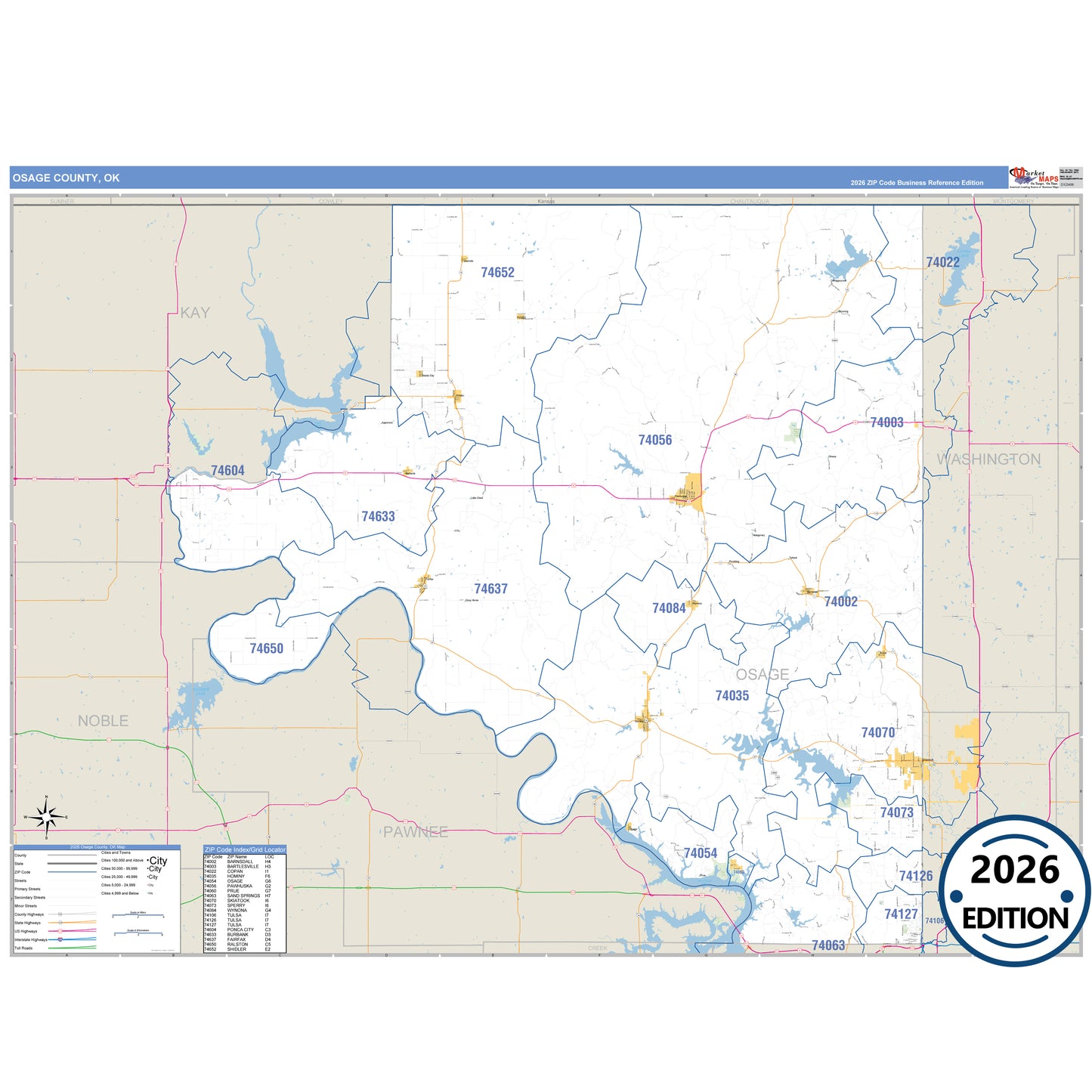 Osage County, OK Business Reference 5 Digit ZIP Code Wall Map