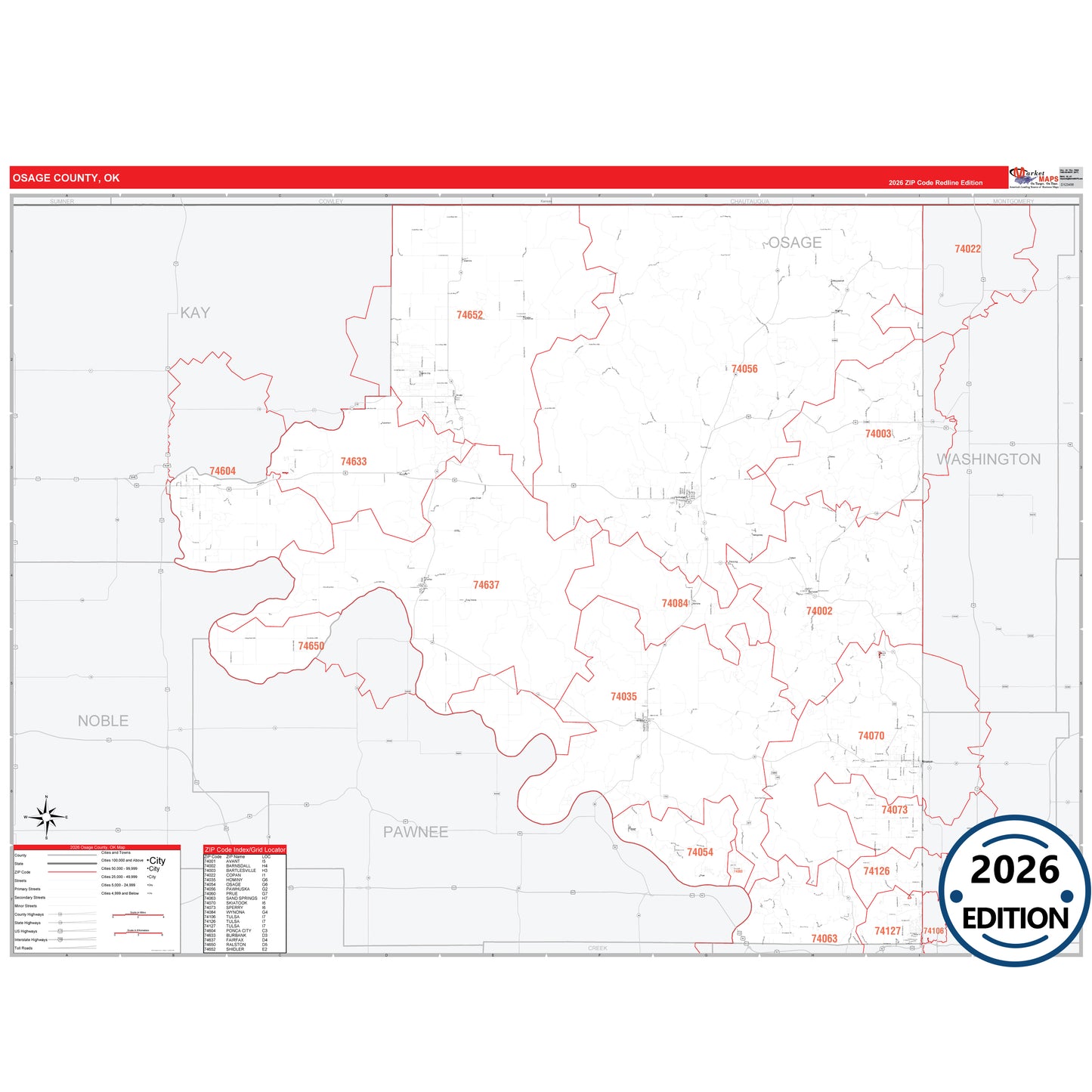 Osage County, OK Red Line 5 Digit ZIP Code Wall Map