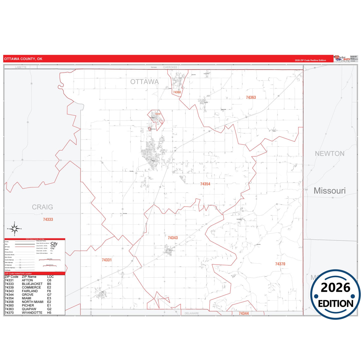 Ottawa County, OK Red Line 5 Digit ZIP Code Wall Map