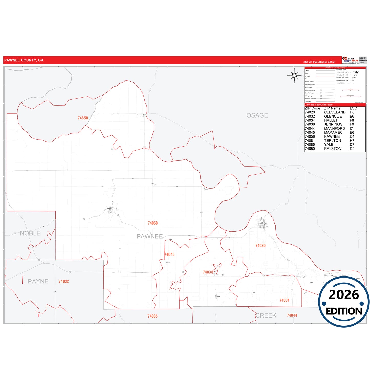 Pawnee County, OK Red Line 5 Digit ZIP Code Wall Map