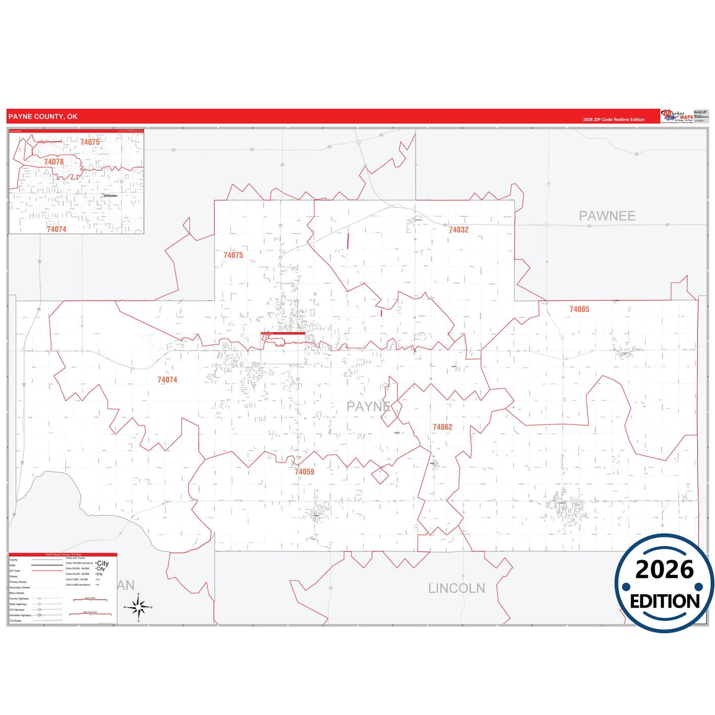 Payne County, OK Red Line 5 Digit ZIP Code Wall Map