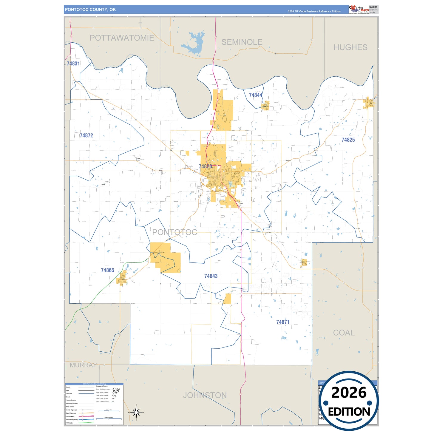 Pontotoc County, OK Business Reference 5 Digit ZIP Code Wall Map