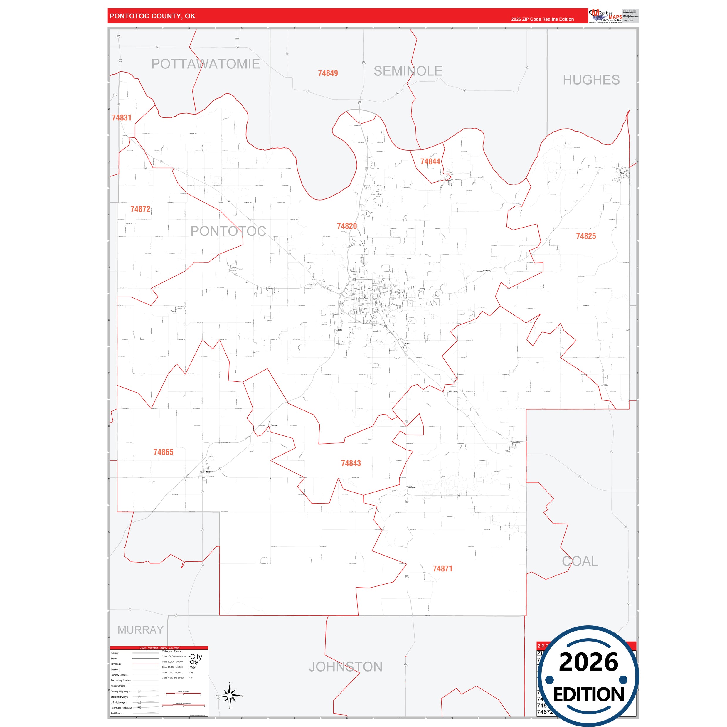 Pontotoc County, OK Red Line 5 Digit ZIP Code Wall Map – ZipCodeMaps
