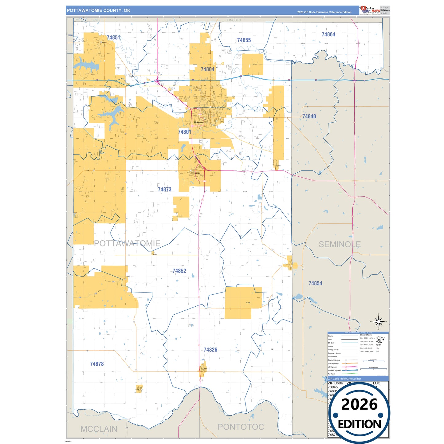Pottawatomie County, OK Business Reference 5 Digit ZIP Code Wall Map