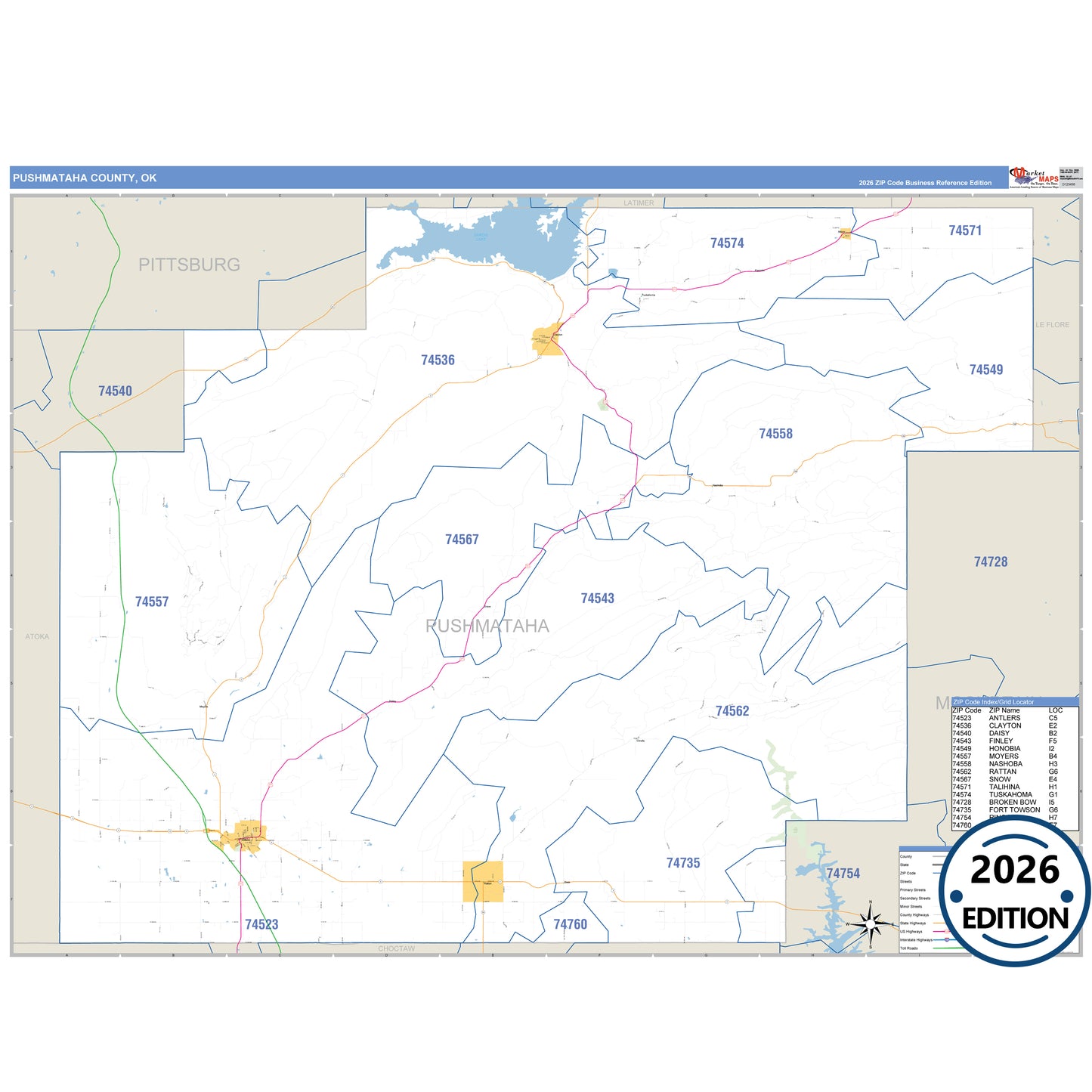 Pushmataha County, OK Business Reference 5 Digit ZIP Code Wall Map