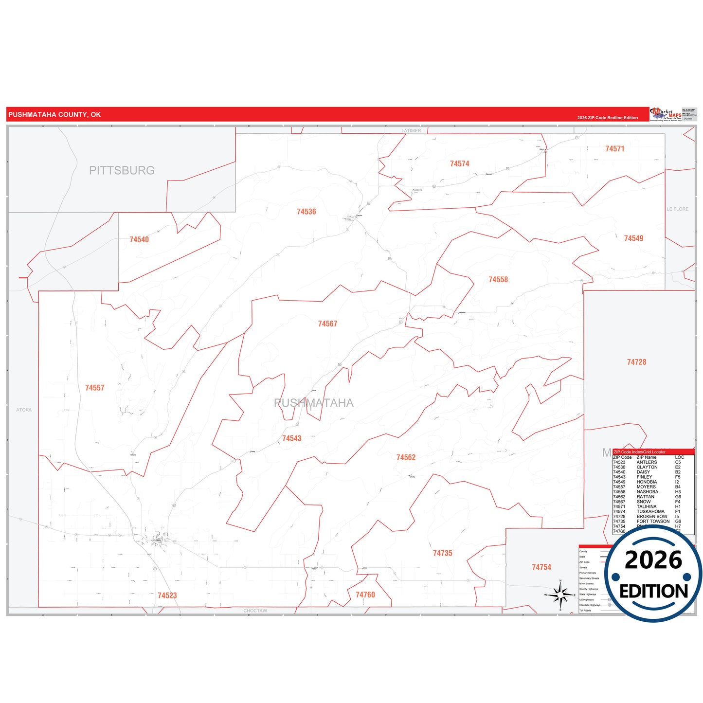 Pushmataha County, OK Red Line 5 Digit ZIP Code Wall Map