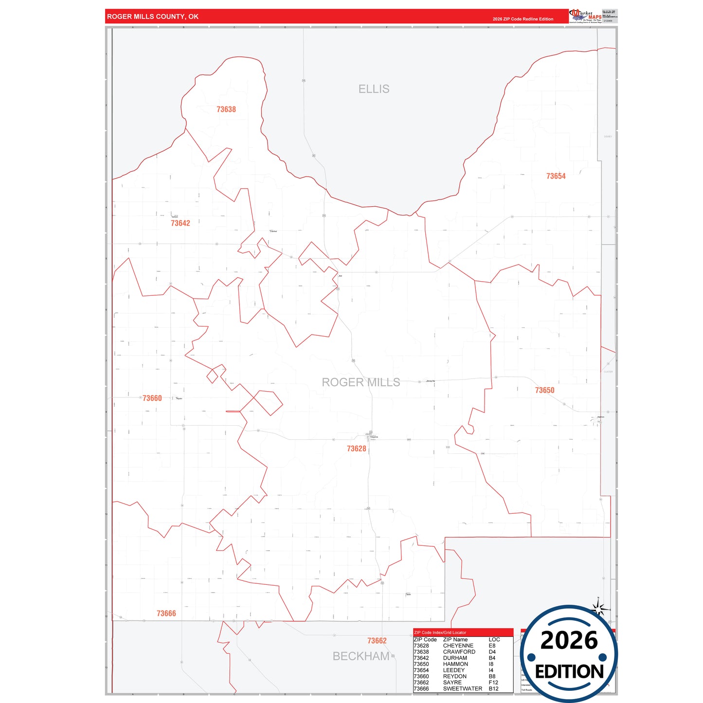 Roger Mills County, OK Red Line 5 Digit ZIP Code Wall Map
