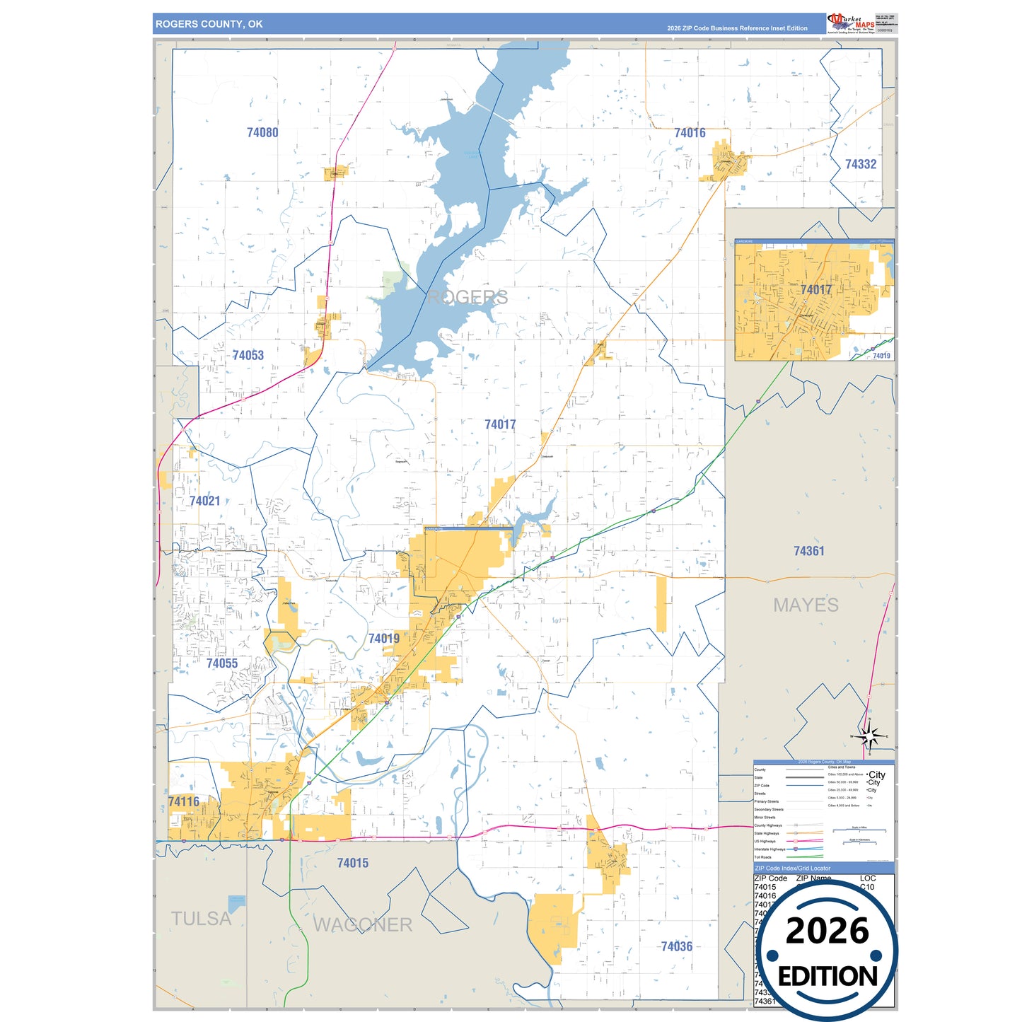Rogers County, OK Business Reference 5 Digit ZIP Code Wall Map