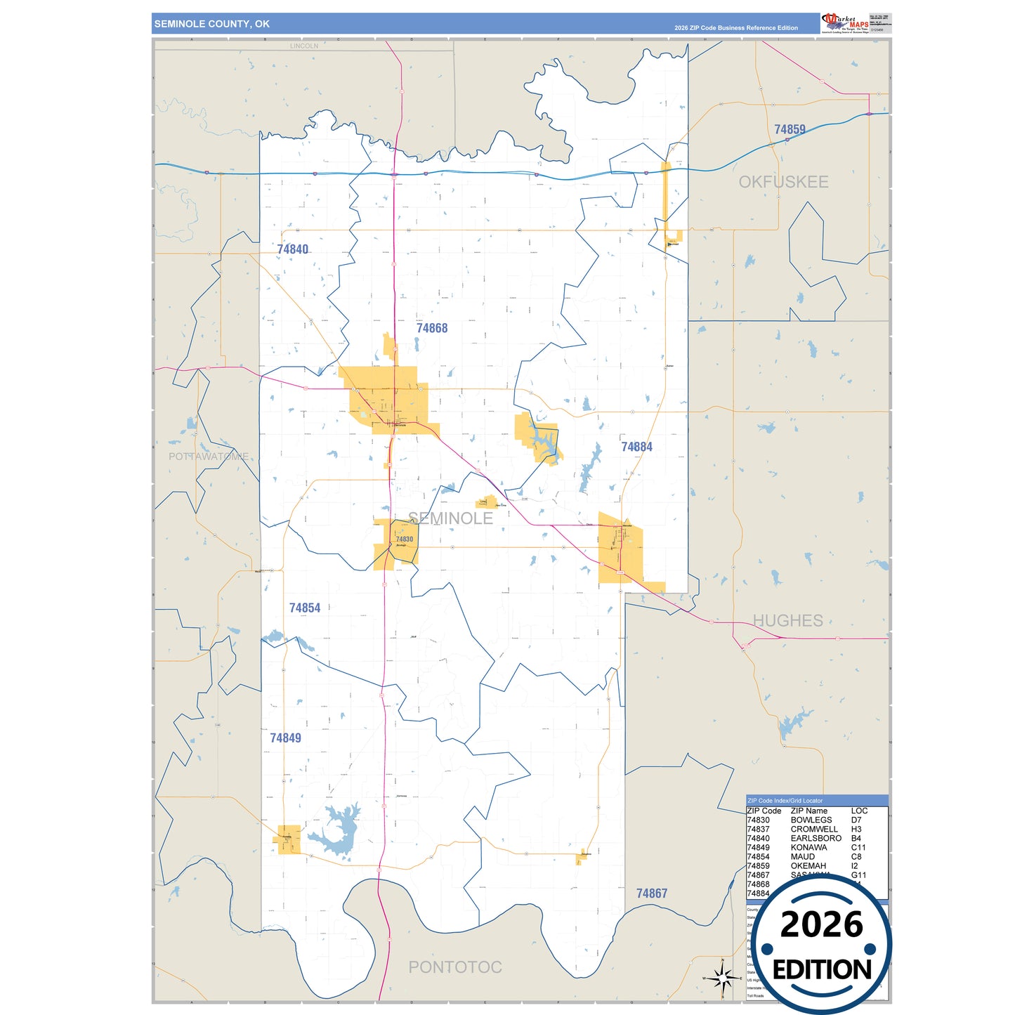 Seminole County, OK Business Reference 5 Digit ZIP Code Wall Map