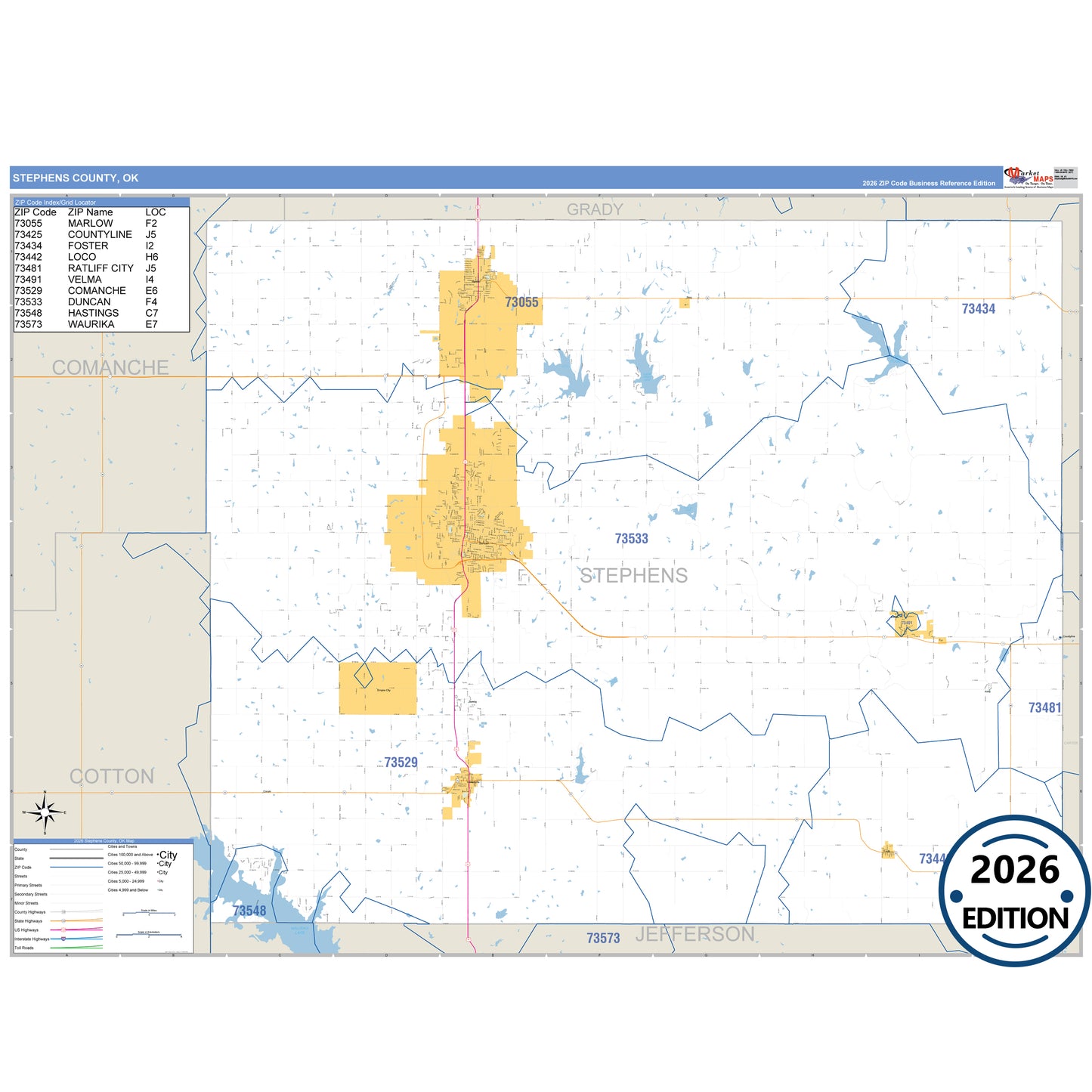Stephens County, OK Business Reference 5 Digit ZIP Code Wall Map