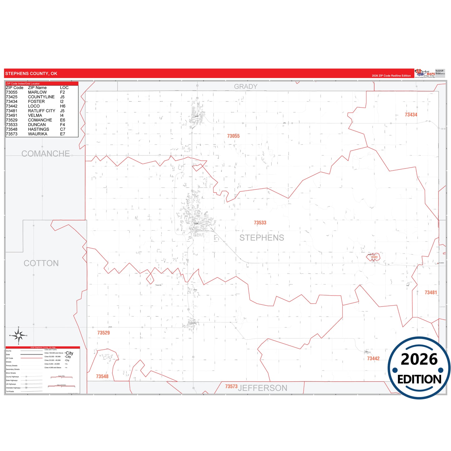 Stephens County, OK Red Line 5 Digit ZIP Code Wall Map