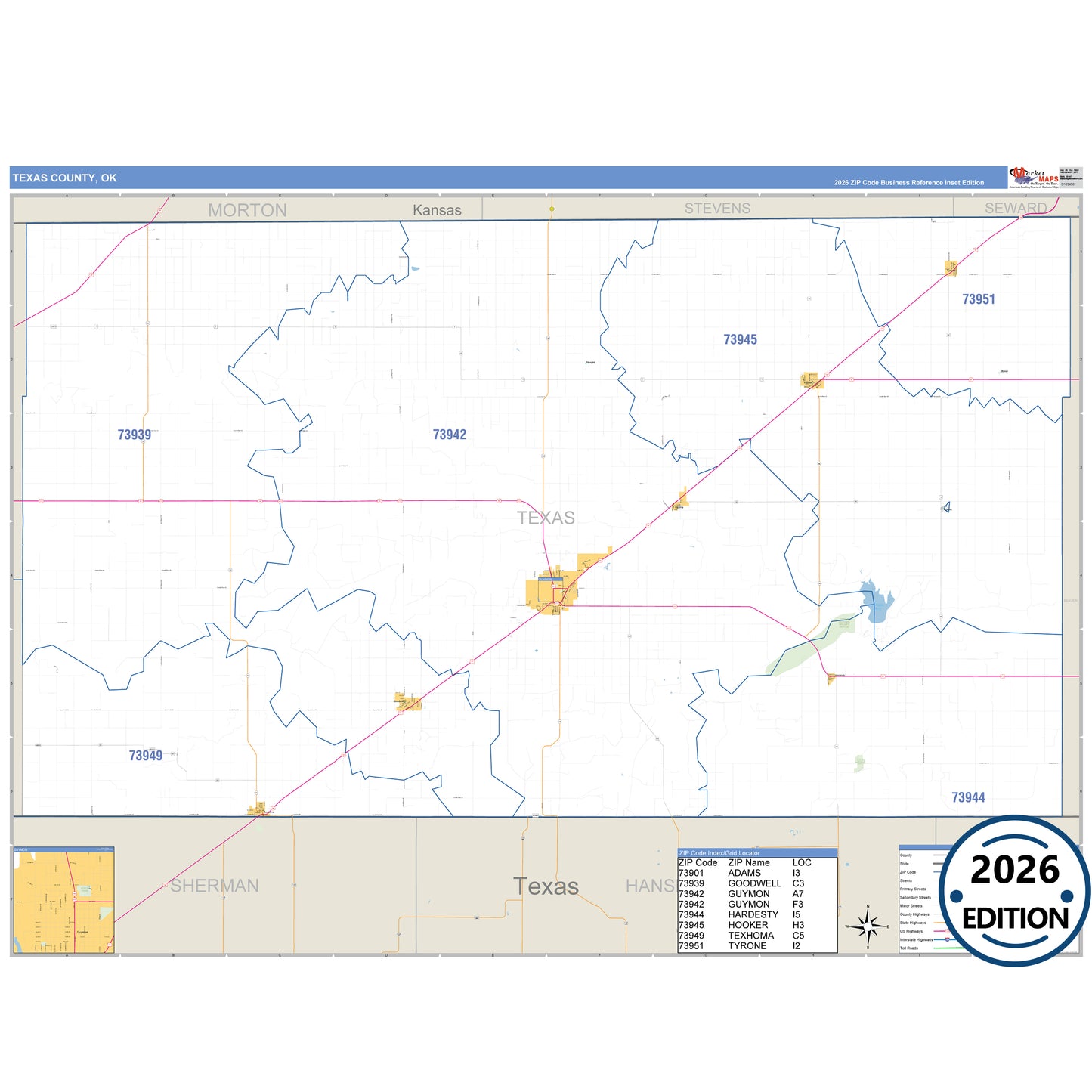 Texas County, OK Business Reference 5 Digit ZIP Code Wall Map